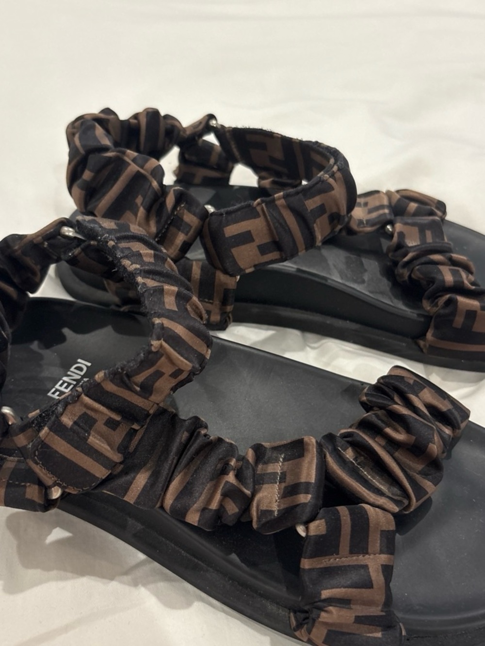Fendi Brown & Black Logo Scrunch Strap Sandals